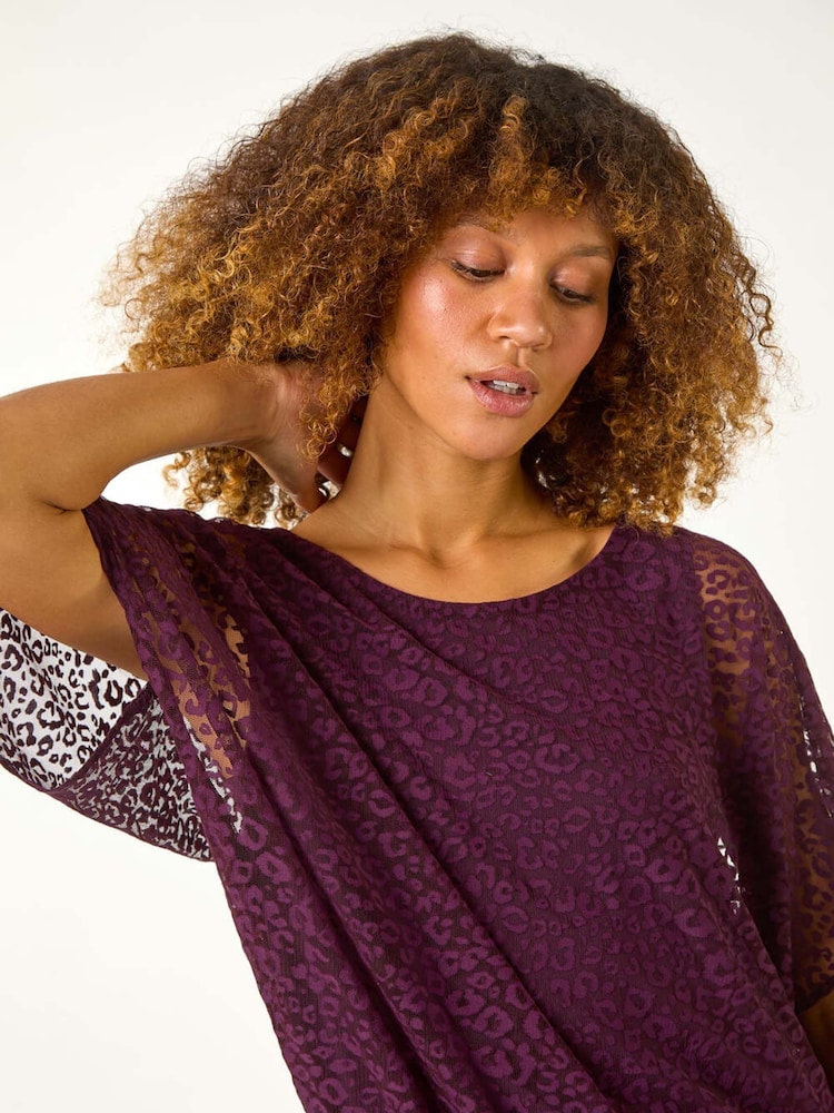 Roman Purple Animal Print Burnout Mesh Bubble Hem Top - Image 1 of 5
