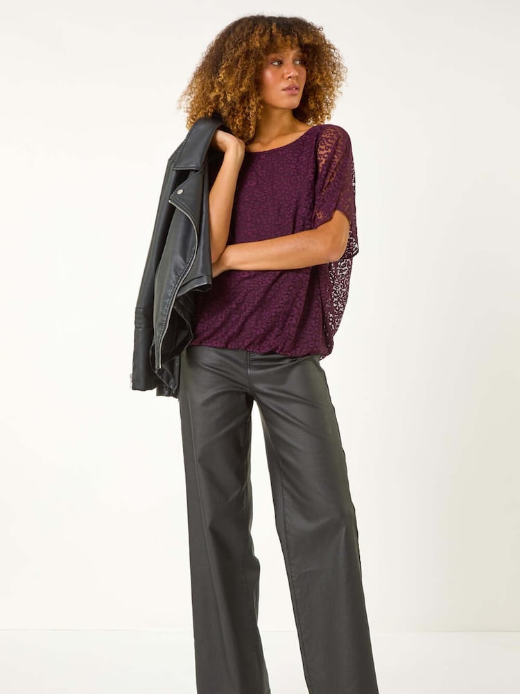 Roman Purple Animal Print Burnout Mesh Bubble Hem Top - Image 2 of 5