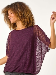 Roman Purple Animal Print Burnout Mesh Bubble Hem Top - Image 4 of 5