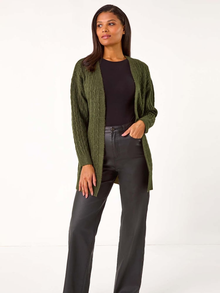 Roman Green Cable Knit Longline Cardigan - Image 2 of 5 Roman Green Cable Knit Longline Cardigan - Image 2 of 5