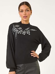 Roman Black Floral Print Hotfix Detail Knit Jumper - Image 1 of 5