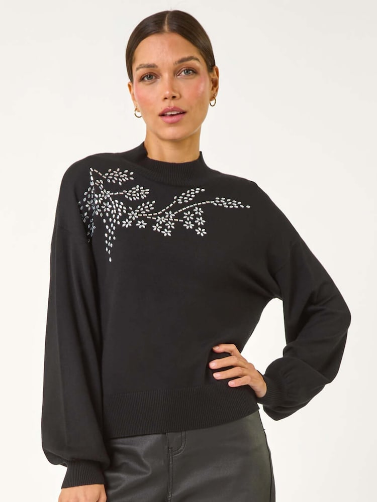 Roman Black Floral Print Hotfix Detail Knit Jumper - Image 1 of 5