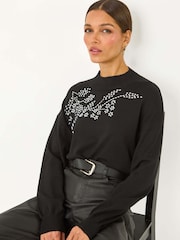 Roman Black Floral Print Hotfix Detail Knit Jumper - Image 4 of 5