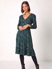 Roman Blue Animal Print Frill Hem Fit & Flare Dress - Image 1 of 5