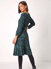 Roman Blue Animal Print Frill Hem Fit & Flare Dress - Image 3 of 5