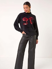Roman Black Festive Sequin Bow Knit Christmas Jumper - Image 1 of 5
