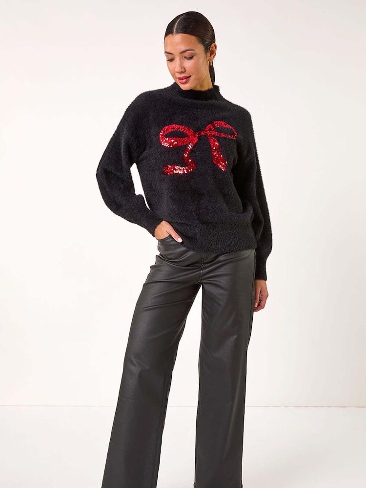 Roman Black Festive Sequin Bow Knit Christmas Jumper - Image 1 of 5