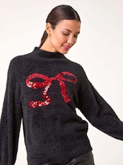 Roman Black Festive Sequin Bow Knit Christmas Jumper - Image 2 of 5