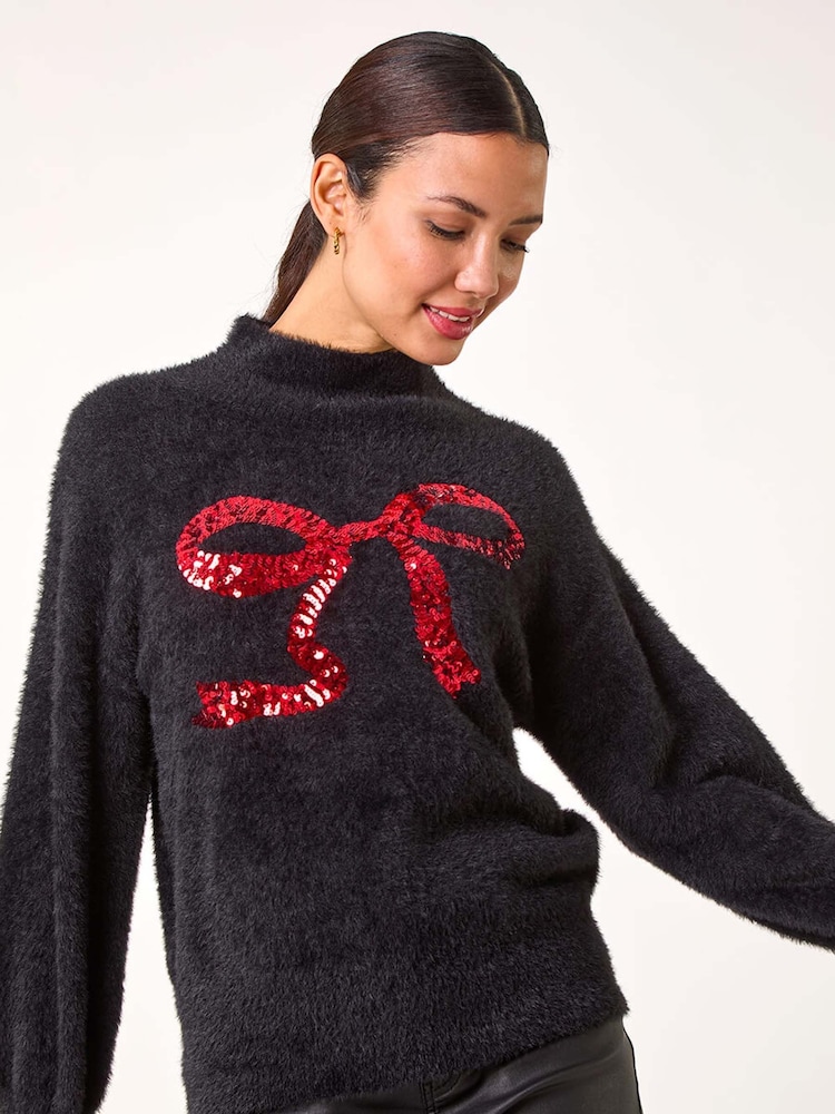 Roman Black Festive Sequin Bow Knit Christmas Jumper - Image 2 of 5