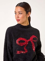 Roman Black Festive Sequin Bow Knit Christmas Jumper - Image 4 of 5