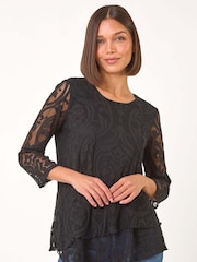 Roman Black Burnout Print Asymmetric Stretch Top - Image 1 of 5