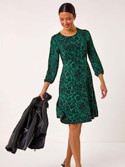Roman Green Animal Print A-Line Gathered Dress - Image 2 of 5