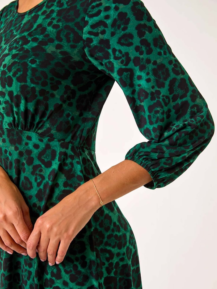 Roman Green Animal Print A-Line Gathered Dress - Image 5 of 5