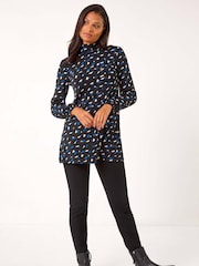 Roman Blue Abstract Print High Neck Tunic Top - Image 1 of 5