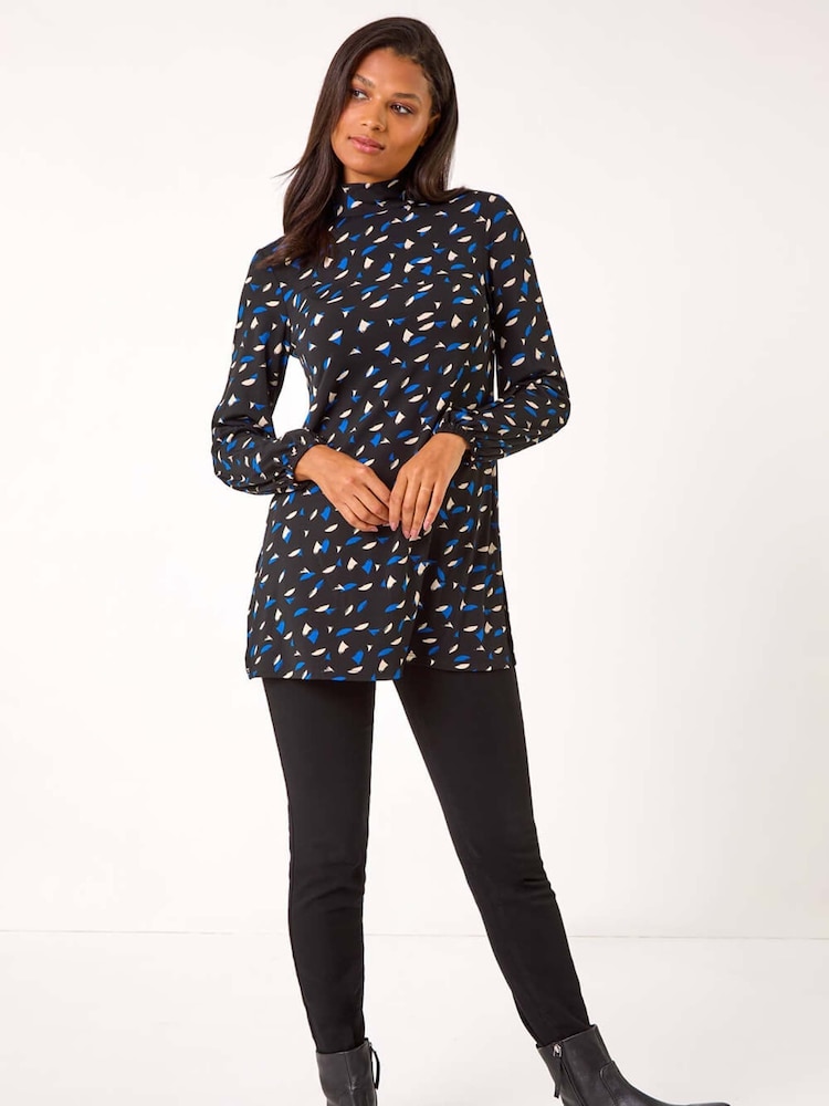 Roman Blue Abstract Print High Neck Tunic Top - Image 1 of 5