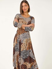 Roman Brown Animal Print Hanky Hem Midi Dress - Image 2 of 5