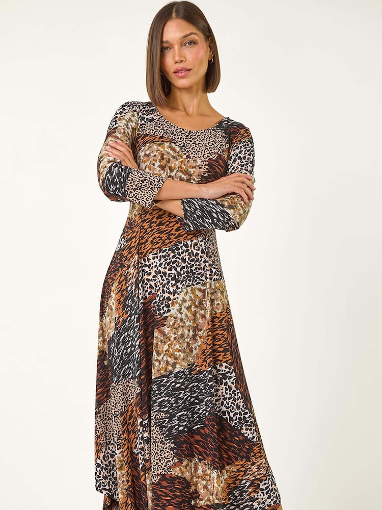Roman Brown Animal Print Hanky Hem Midi Dress - Image 2 of 5