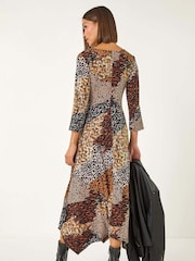 Roman Brown Animal Print Hanky Hem Midi Dress - Image 3 of 5
