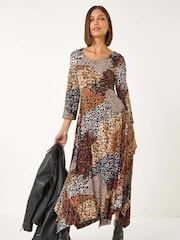 Roman Brown Animal Print Hanky Hem Midi Dress - Image 4 of 5