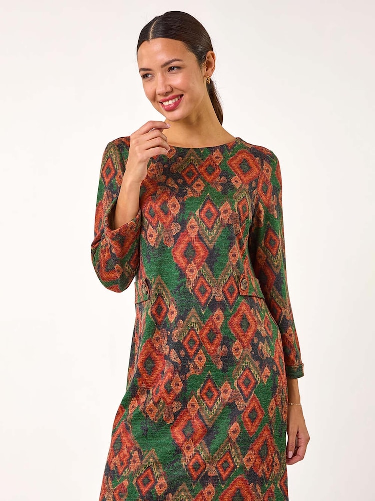 Roman Green Print Tab Detail Shift Dress - Image 1 of 5