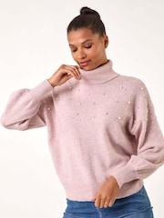 Roman Pink Faux Fur Pearl Roll Neck Knit Jumper - Image 2 of 5