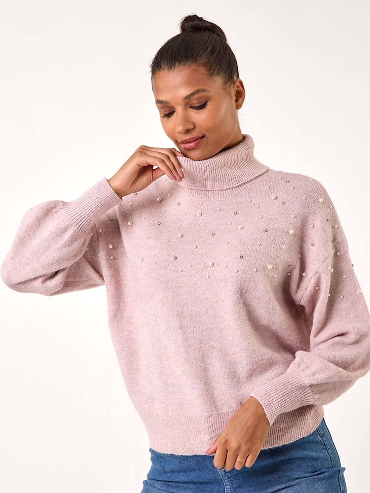 Roman Pink Faux Fur Pearl Roll Neck Knit Jumper - Image 2 of 5