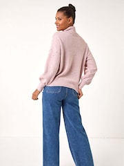 Roman Pink Faux Fur Pearl Roll Neck Knit Jumper - Image 3 of 5