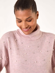 Roman Pink Faux Fur Pearl Roll Neck Knit Jumper - Image 4 of 5
