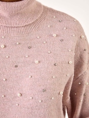 Roman Pink Faux Fur Pearl Roll Neck Knit Jumper - Image 5 of 5