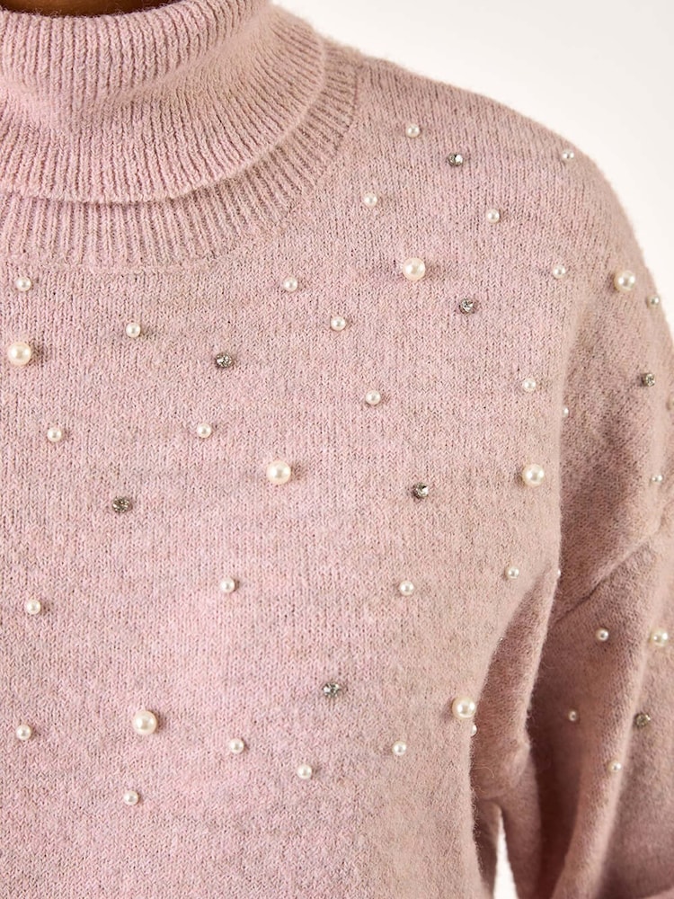 Roman Pink Faux Fur Pearl Roll Neck Knit Jumper - Image 5 of 5