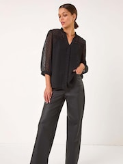 Roman Black Dobby Lace Front Pleated Blouse - Image 1 of 5