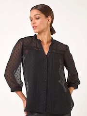 Roman Black Dobby Lace Front Pleated Blouse - Image 2 of 5