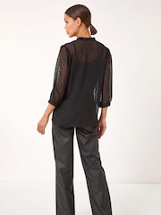 Roman Black Dobby Lace Front Pleated Blouse - Image 3 of 5