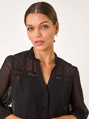 Roman Black Dobby Lace Front Pleated Blouse - Image 4 of 5