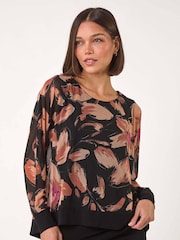 Roman Natural Floral Mesh Overlay Stretch Top - Image 1 of 5
