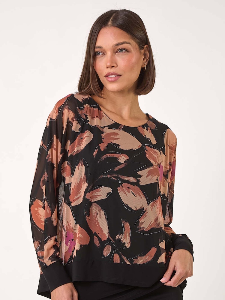 Roman Natural Floral Mesh Overlay Stretch Top - Image 1 of 5