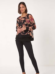 Roman Natural Floral Mesh Overlay Stretch Top - Image 2 of 5