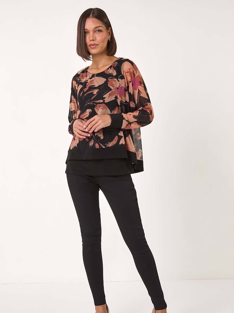 Roman Natural Floral Mesh Overlay Stretch Top - Image 2 of 5