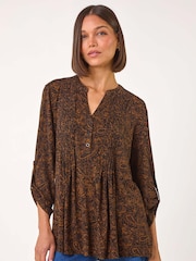Roman Brown Floral Print Paisley Pintuck Blouses - Image 1 of 5
