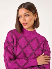 Roman Pink Diamond Print Tinsel High Neck Jumper - Image 1 of 5