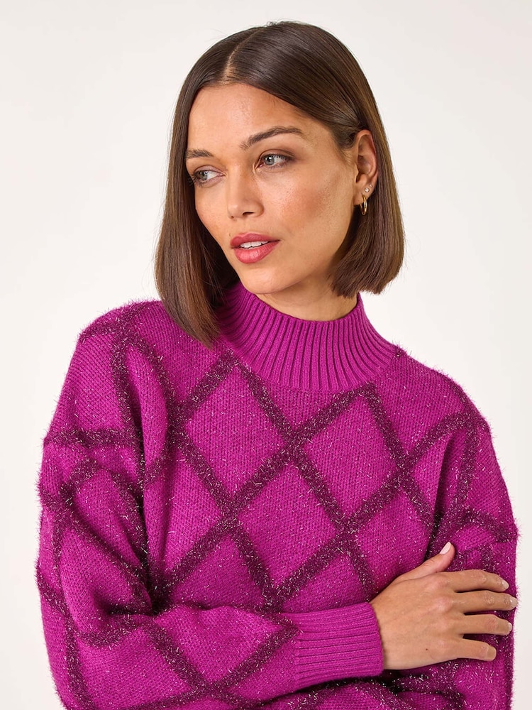 Roman Pink Diamond Print Tinsel High Neck Jumper - Image 1 of 5
