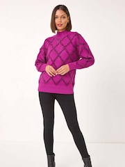 Roman Pink Diamond Print Tinsel High Neck Jumper - Image 2 of 5
