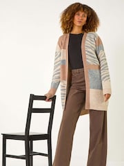Roman Natural Colour Block Animal Print Knit Cardigan - Image 1 of 5