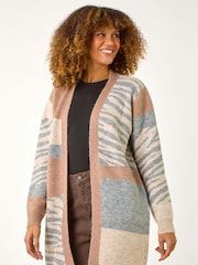 Roman Natural Colour Block Animal Print Knit Cardigan - Image 2 of 5