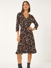 Roman Black Ditsy Floral Print Frill Short Dress - Image 1 of 5