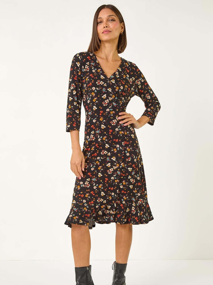 Roman Black Ditsy Floral Print Frill Short Dress - Image 1 of 5