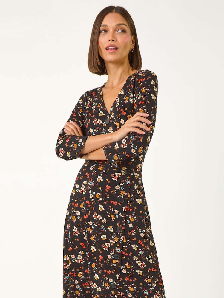 Roman Black Ditsy Floral Print Frill Short Dress - Image 2 of 5