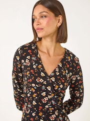 Roman Black Ditsy Floral Print Frill Short Dress - Image 4 of 5