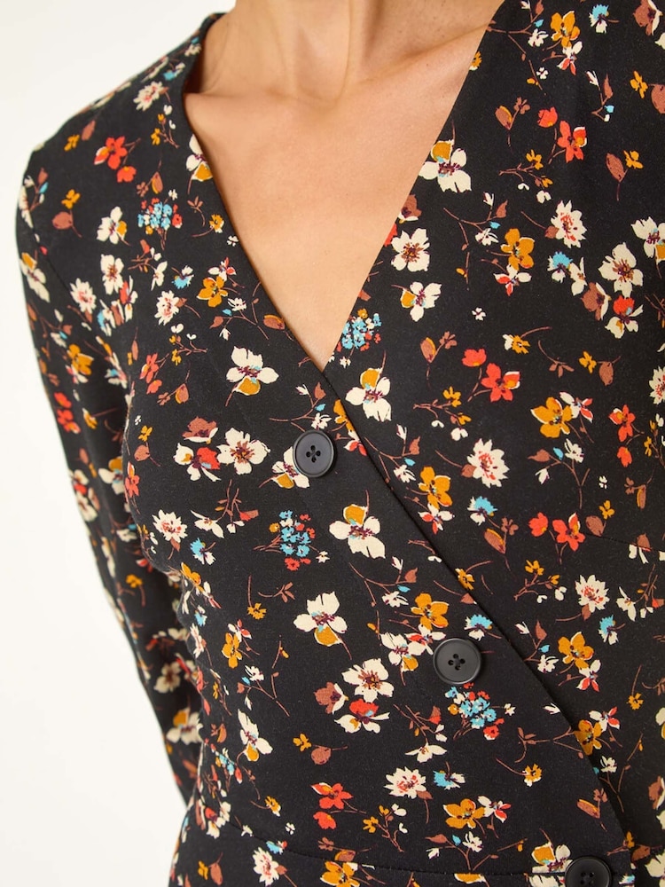 Roman Black Ditsy Floral Print Frill Short Dress - Image 5 of 5