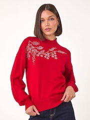 Roman Red Floral Print Hotfix Detail Knit Jumper - Image 1 of 5